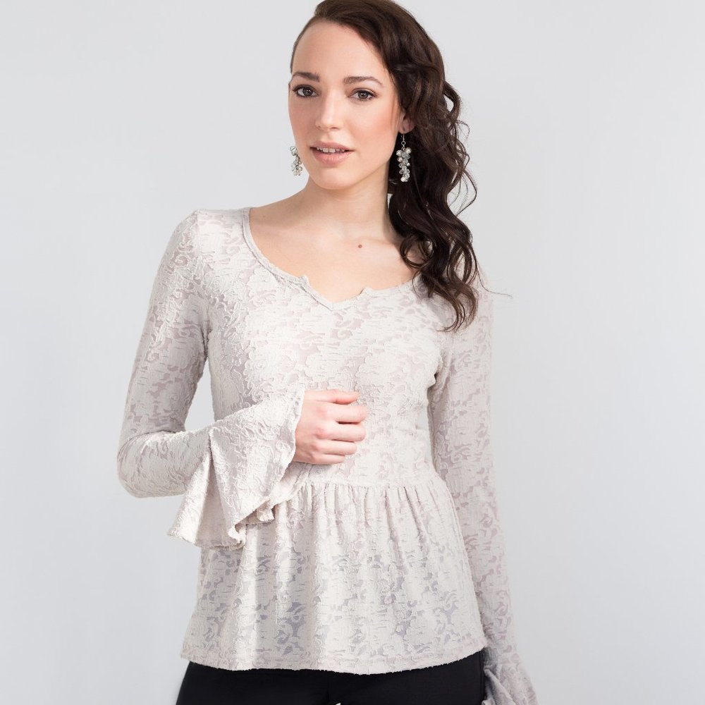 Beige top long flared sleeves lace fabric